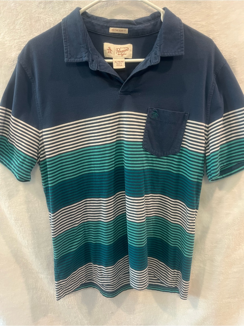 Original Penguin Men’s Navy & Teal Striped Polo Shirt